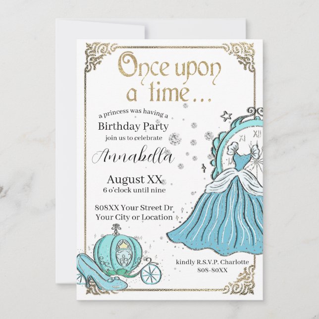Invitation Thème de conte de fées Cendrillon illustré (Devant)