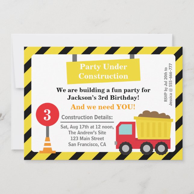 Invitation Thème de fête d'anniversaire camion de chantier à  (Devant)