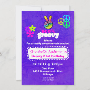 Invitation Thème de fête d'anniversaire Hippie Groovy