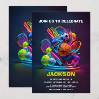 Invitation Thème de fête d'anniversaire Neon Sports