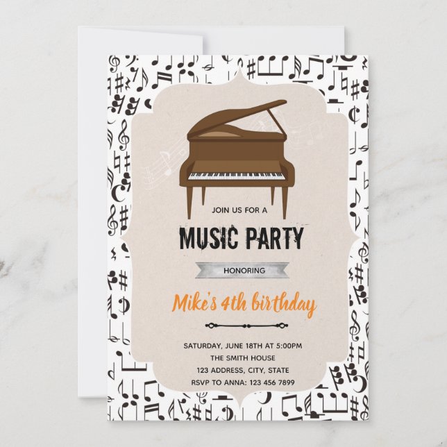 Invitation Thème de fête d'anniversaire piano musical (Devant)