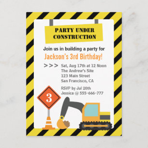 Invitation Thème de fête d'anniversaire pour enfants : excava