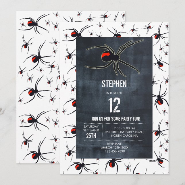Invitation Thème de fête d'anniversaire Red & Black Spider (Devant / Derrière)