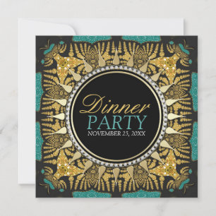 Invitation Thème de fête dinatoire Tribal Batik Sarcelle Or N