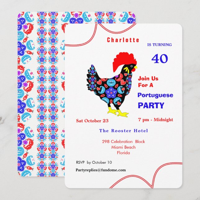 Invitation Thème de fête portugais Coq de Barcelos (Devant / Derrière)