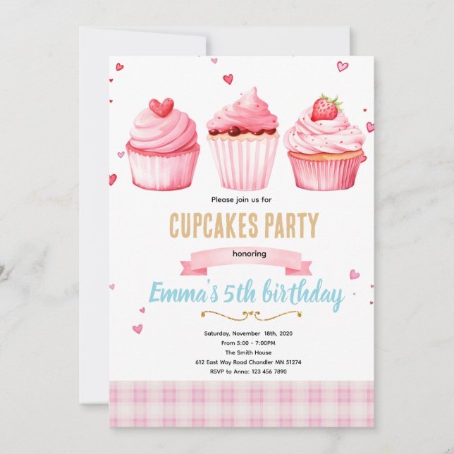 Invitation thème de fête rose cupcake (Devant)