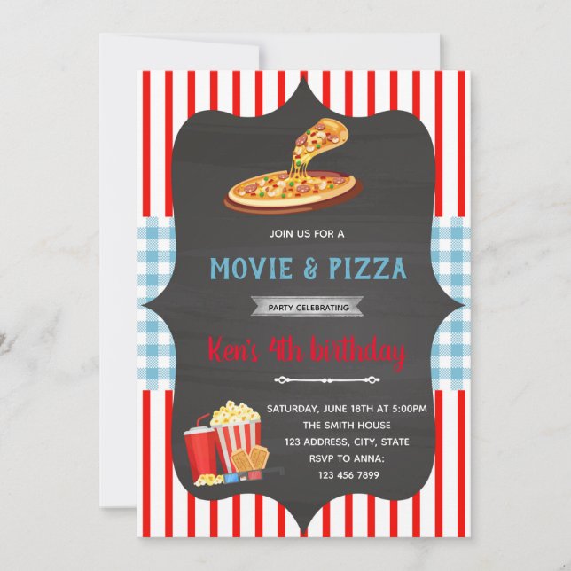 Invitation thème de film pizza gingham rouge et bl (Devant)