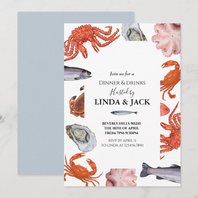 Invitation Thème de fruits de mer d'invitation de dîner (Devant / Derrière)
