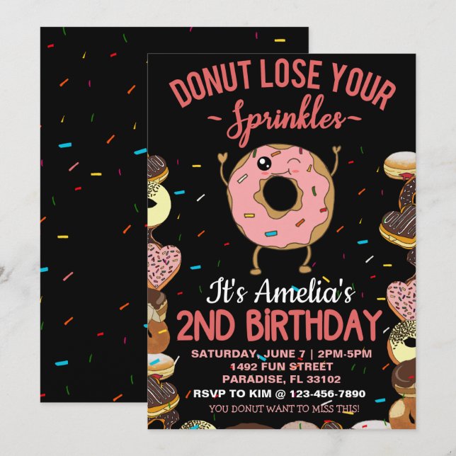 Invitation Thème de gâteau donut pour 2e anniversaire Deux an (Devant / Derrière)