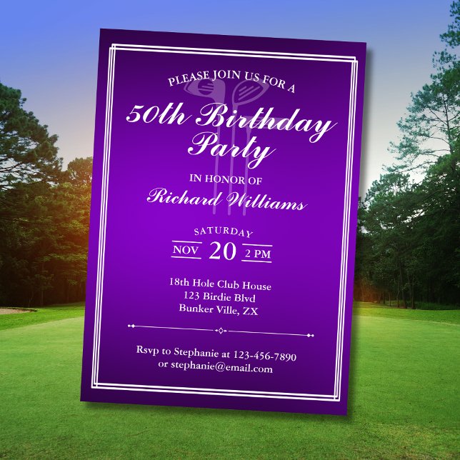 Invitation Thème de golf classique violet blanc 50e anniversa (Créateur téléchargé)