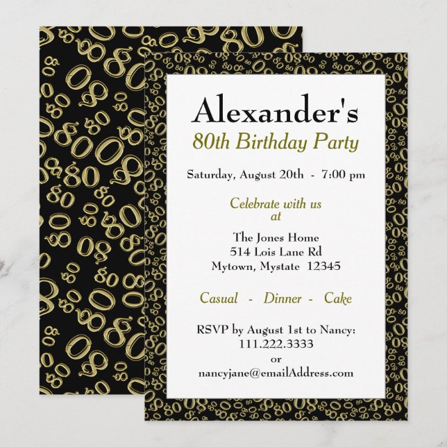 Invitation Thème de la fête du 80e anniversaire - Motif d'or  (Devant / Derrière)