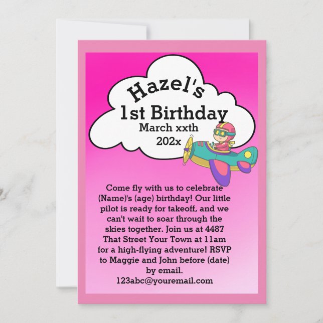 Invitation Thème de l'avion Anniversaire (Fille) (Devant)