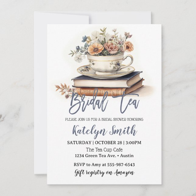 Invitation Thème de mariage Dusty Blue Tasse à thé florale Li (Devant)