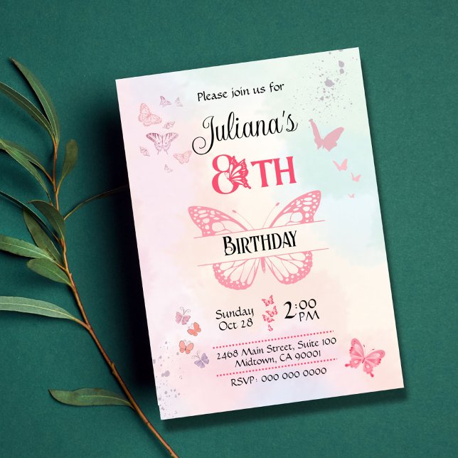 Invitation Thème de papillon blanc et rose 8ème anniversaire (Créateur téléchargé)
