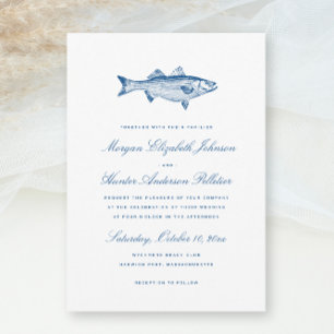 Invitation Thème de pêche au bar rayé Élégant mariage bleu ma