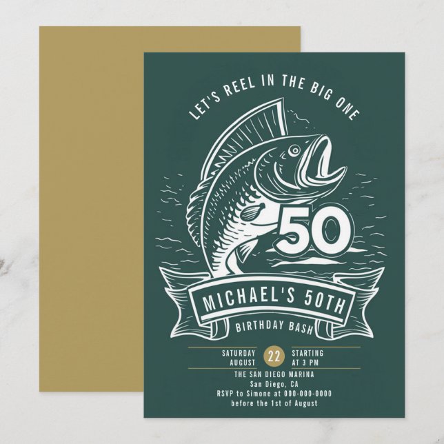 Invitation Thème de pêche Big Bass Reel Hommes Turquoises 50e (Devant / Derrière)