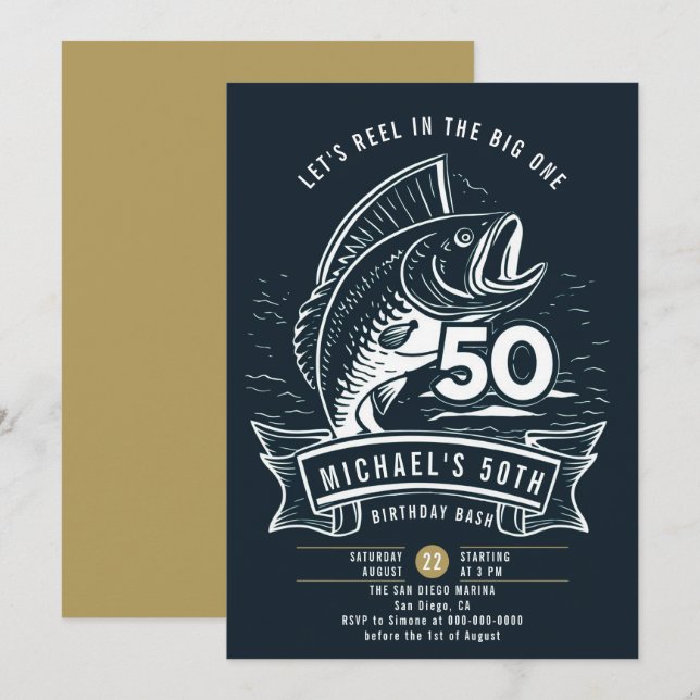 Invitation Thème de pêche Big Bass Reel Marine Hommes 50e ann (Devant / Derrière)