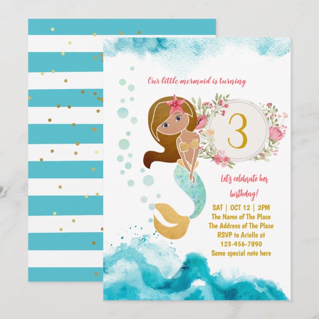 Invitation Thème de sirène sous l'océan fille 3e anniversaire (Devant / Derrière)