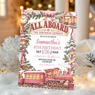 Invitation Thème de train hivernal rose Tout le monde à bord 
