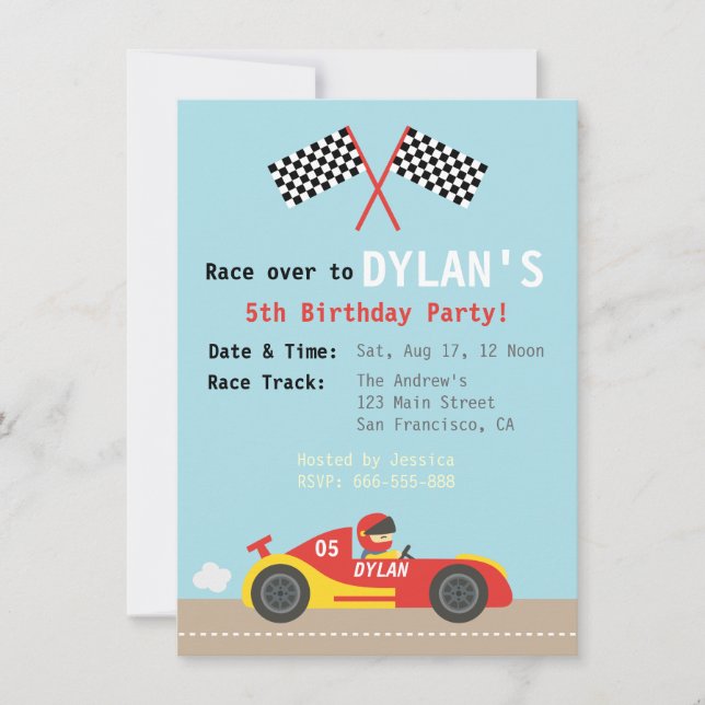 Invitation Thème de voiture de course, fête d'anniversaire (Devant)