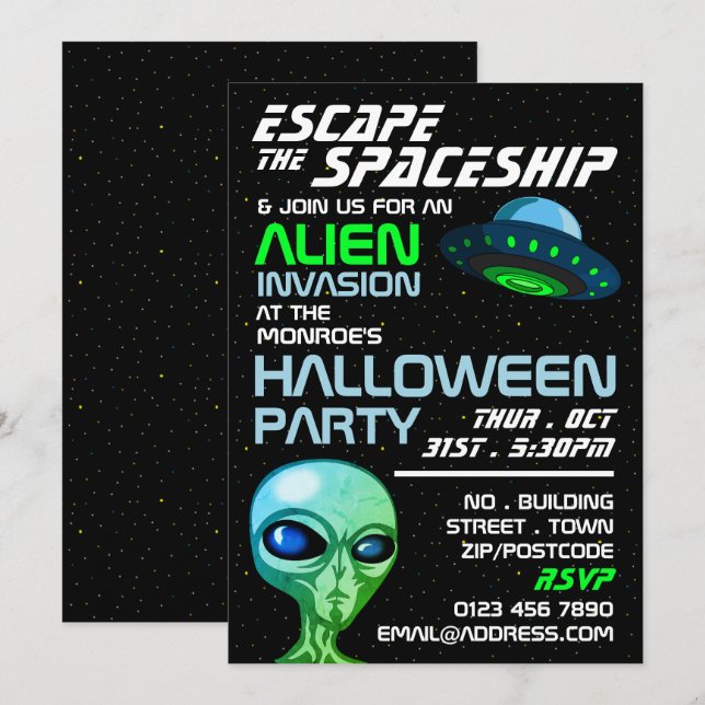 Invitation Thème d'invasion Alien, Salle d'évasion, Fête d'Ha (Devant / Derrière)