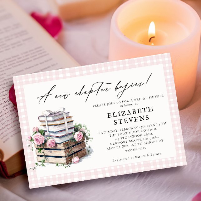 Invitation Thème du livre Fête des mariées Rose rustique Nouv (book theme bridal shower invitation book lover bookish rustic roses gingham pink watercolor)