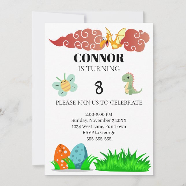 Invitation Thème Enfants Dinosour Anniversaire (Devant)