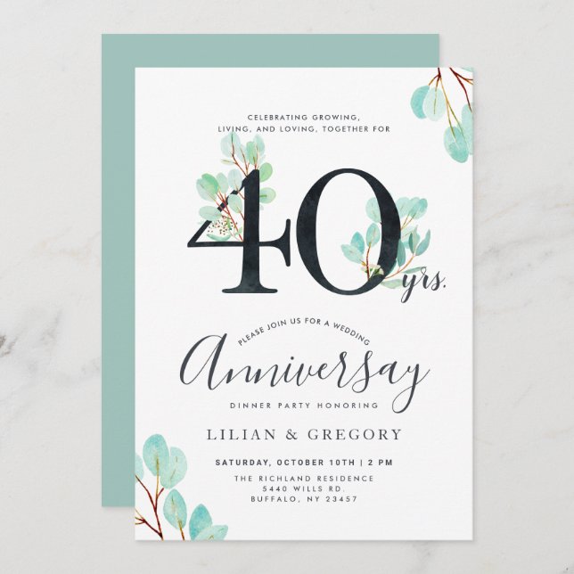 Invitation Thème Eucalyptus pour le 40e Anniversaire de Crois (Devant / Derrière)