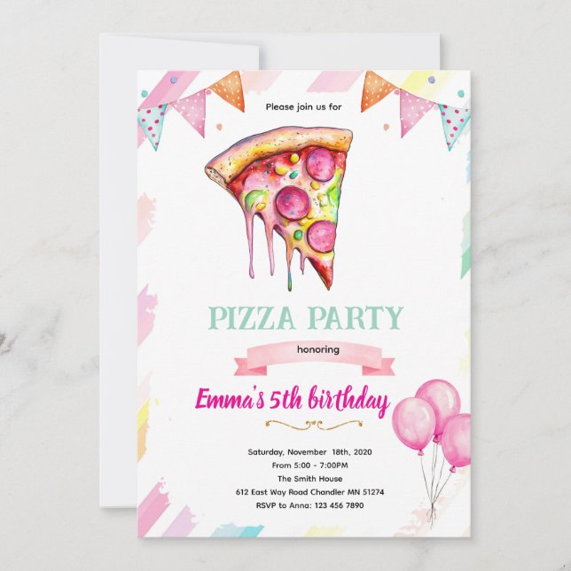 Invitation thème fête fille pizza (Devant)