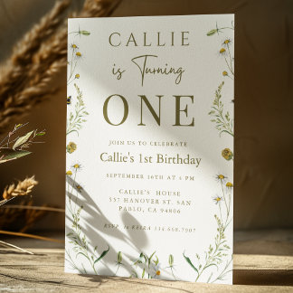 Invitation Thème fleur sauvage Sage Green Girl 1er anniversai