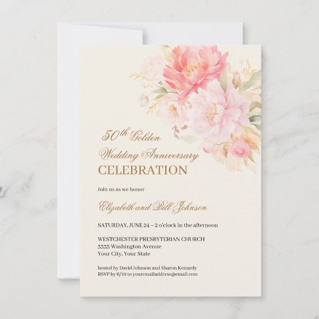 Invitation Thème floral rose or 50e anniversaire de mariage (Devant)