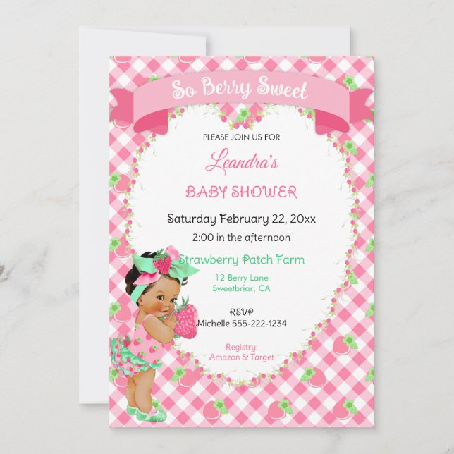 Invitation Thème fraise Bébé fille En vichy Monnaie rose (Devant)