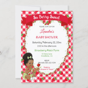Invitation Thème fraise Bébé fille En vichy rouge vert