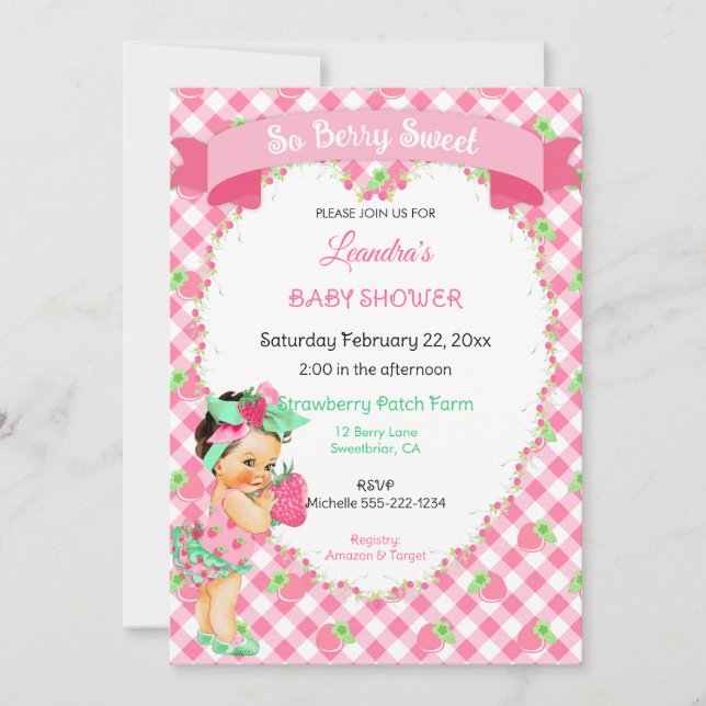 Invitation Thème Fraise Bébé Fille Gingham Rose Menthe  (Devant)