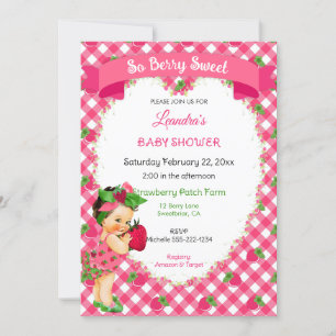 Invitation Thème Fraise Bébé Fille Gingham Rose Vert