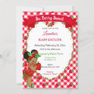 Invitation Thème Fraise Bébé Fille Gingham Rouge Vert