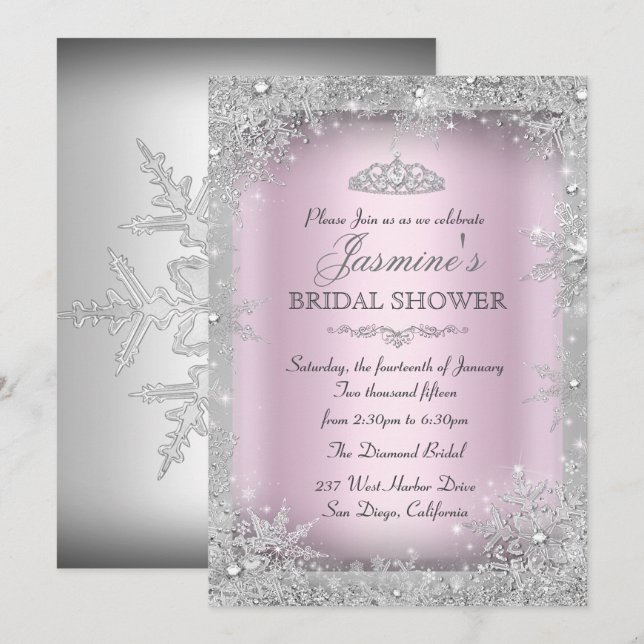 Invitation Thème hivernal argenté et rose pour une baby showe (Devant / Derrière)