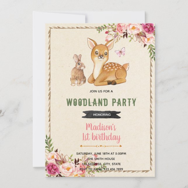 Invitation thème lapin Bambi et cerf de la forêt (Devant)