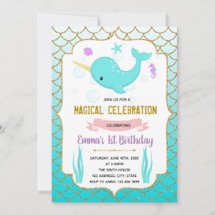 Invitation thème licorne de mer sarcelle mignonne