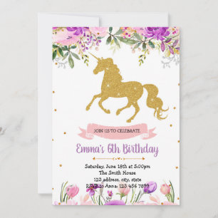 Invitation thème licorne fleurs violettes à une fê