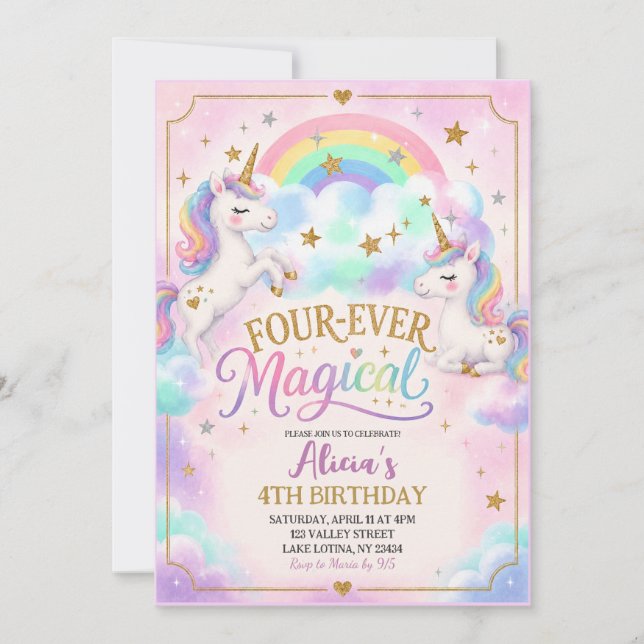 Invitation Thème Licorne Quatre-forever Magique 4ème Annivers (Devant)