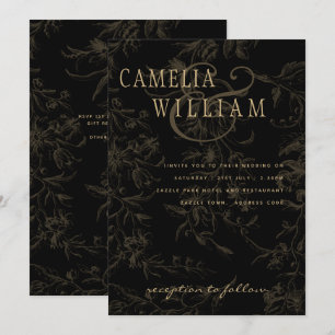 Invitation Thème Mariage Cravate noire Vintage Gold Damask