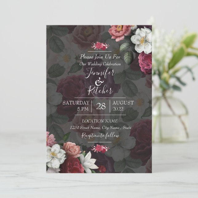 Invitation Thème moderne noir & blanc avec Fleurs Bourgognes (Debout devant)