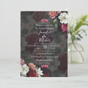 Invitation Thème moderne noir & blanc avec Fleurs Bourgognes 