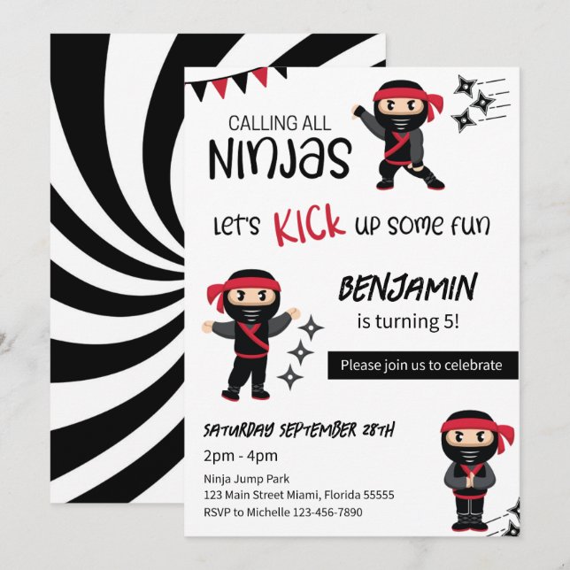 Invitation Thème Ninja Anniversaire Martial Arts Guerrier (Devant / Derrière)