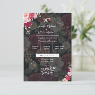 Invitation Thème noir & blanc chic avec Fleurs Bourgognes