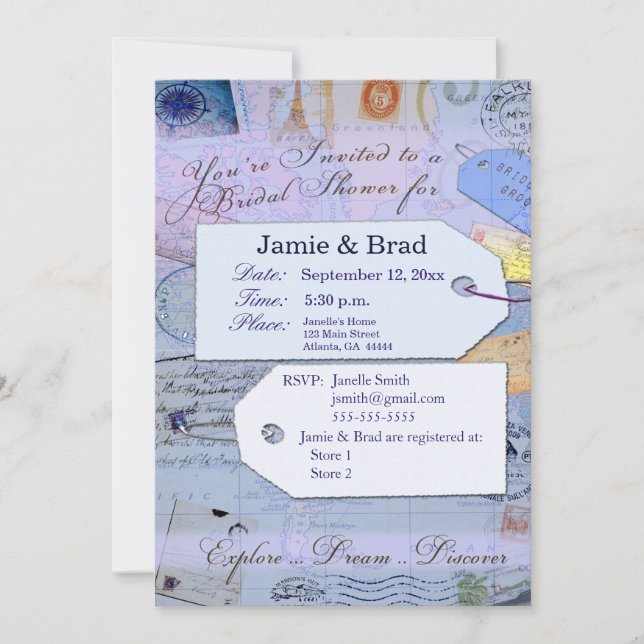 Invitation Thème nuptiale de douche de voyage dans bleu-clair (Devant)