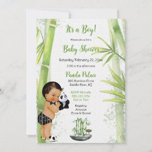Invitation Thème Panda Bamboo Bébé Garçon Noir Blanc Vert