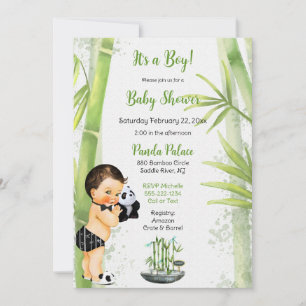 Invitation Thème Panda Bamboo Bébé Garçon Noir Blanc Vert