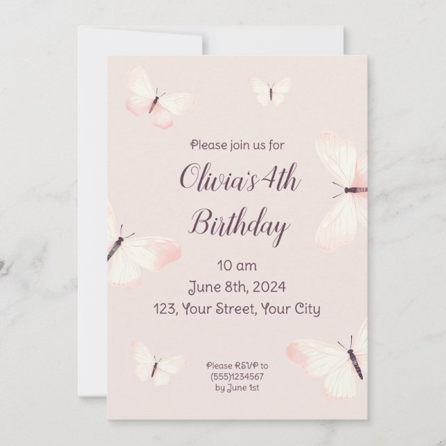 Invitation Thème Papillon Anniversaire (Devant)